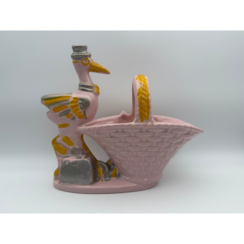 Vintage Haeger USA Pink Stork Baby Basket Planter Ceramic‎ Pottery T036